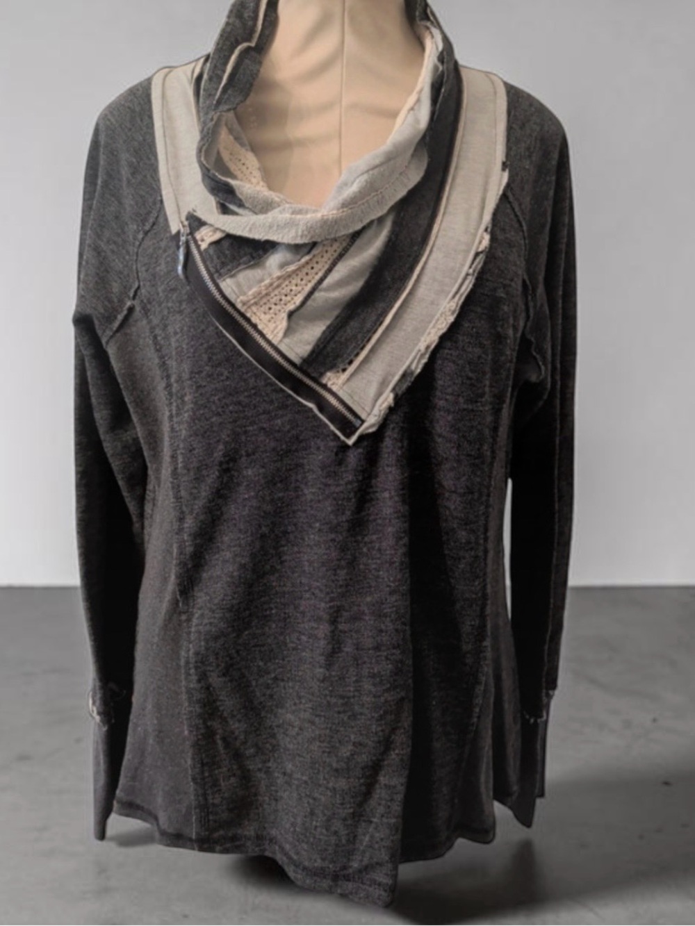 Maurices Layered Cowl Neck Sweater - Charcoal and Cream Accents boho xl